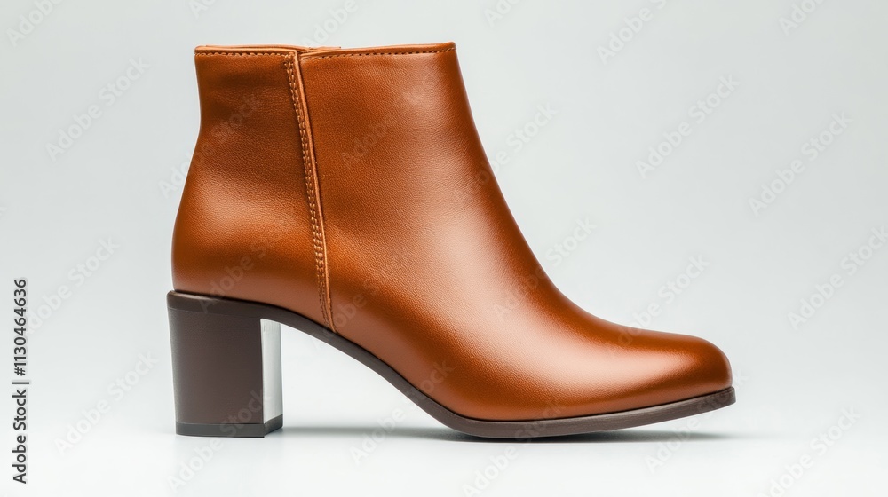 Poster minimalist brown ankle boots with a block heel and a side zipper isolated on a light grey background