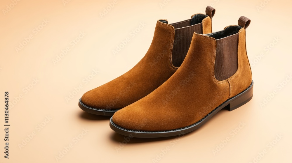 Poster elegant brown suede chelsea boots with elastic side panels displayed on a light beige gradient backg
