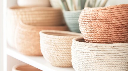A shelf with a variety of woven baskets and bowls