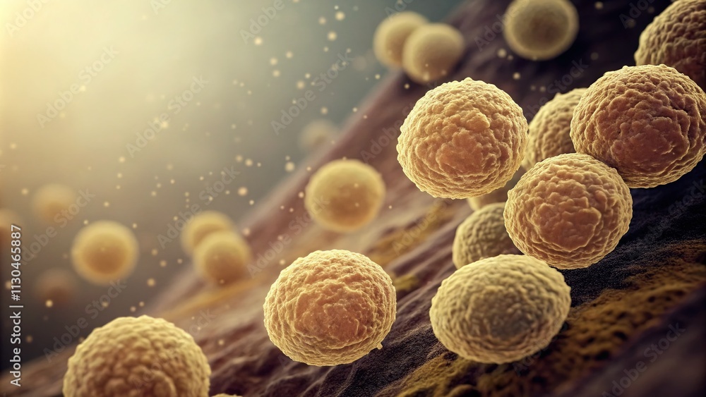 Poster vintage style photography of microscopic view of staphylococcus aureus, capturing a cluster of spher