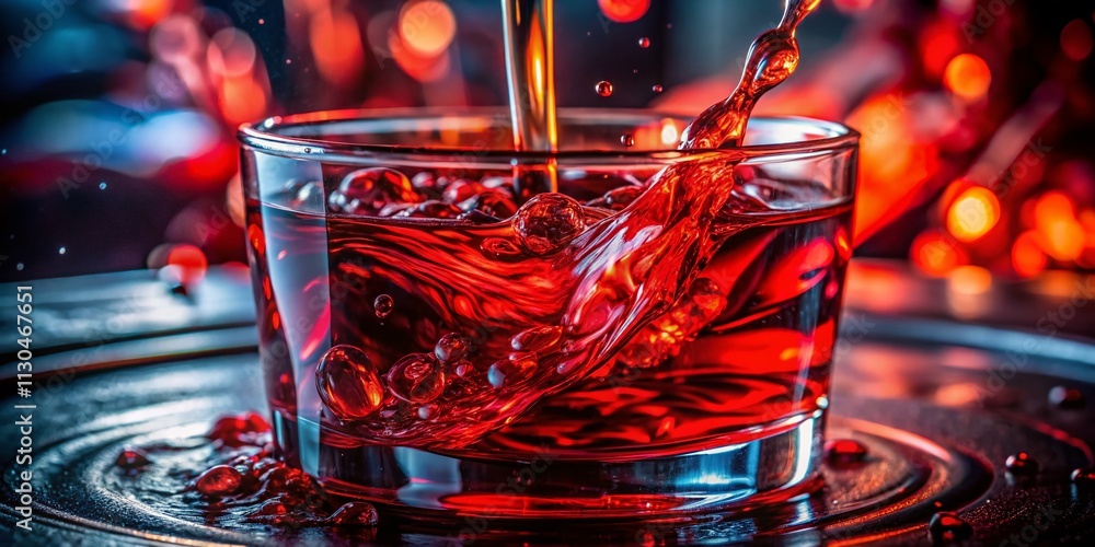 Poster vivid red viscous liquid flowing in a glass container with high depth of field, capturing the rich c