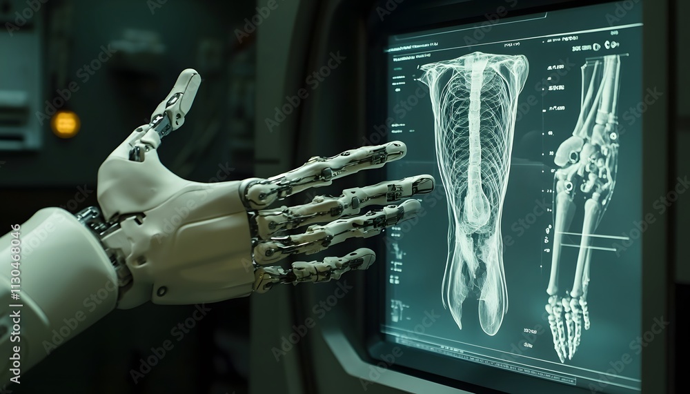 Poster a futuristic robotic hand interacts with a digital display showing detailed skeletal imaging, symbol