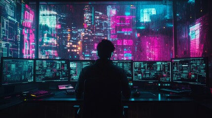 Obraz premium A hacker in a neon-lit room filled with digital data streams and multiple monitors, The setting is dark with a cyberpunk aesthetic