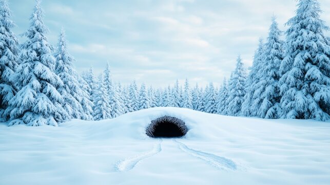 A snowy forest clearing with a single groundhog burrow and faint paw prints leading to its entrance under soft, cloudy skies 