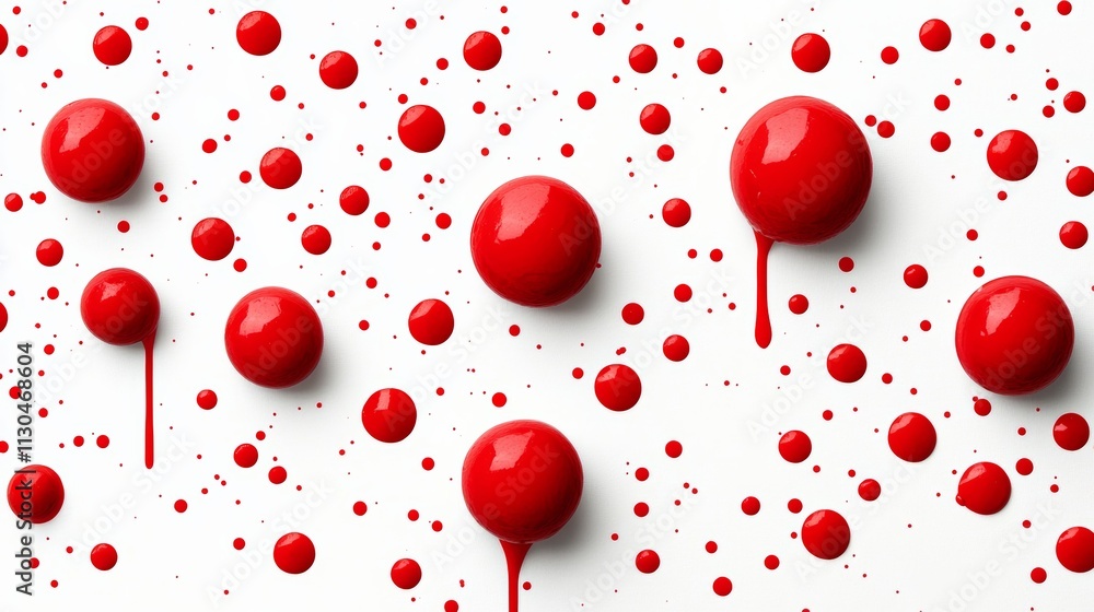 Poster red and white background with red dots and a red blob in the middle. the red blob is surrounded by r