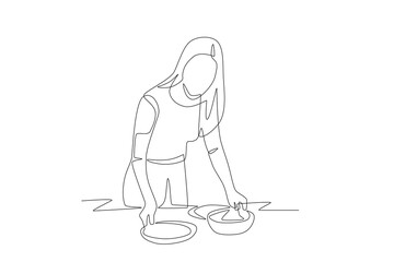 Woman preparing food on the table. Preparing meals concept one-line drawing