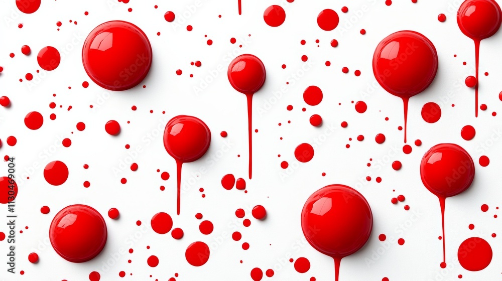Poster red and white background with red dots on it. the red dots are in various sizes and are scattered al