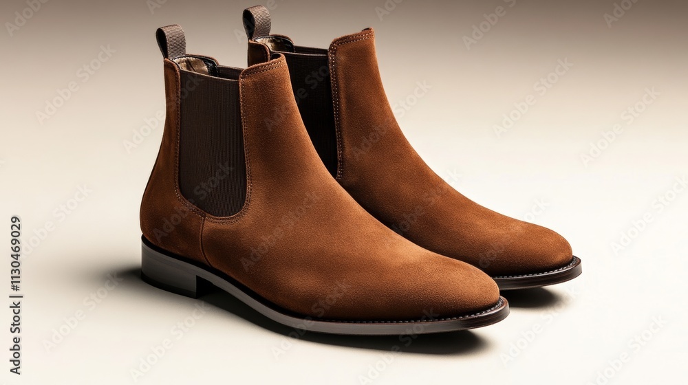 Poster elegant brown suede chelsea boots with elastic side panels displayed on a light beige gradient backg