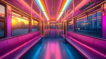 A brightly lit train with neon lights and a sunset in the background