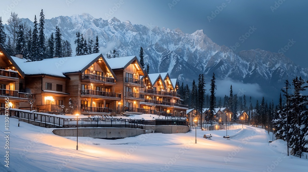 Poster serene and picturesque mountain resort illuminated by warm glowing lights at dusk with a snowy foreg