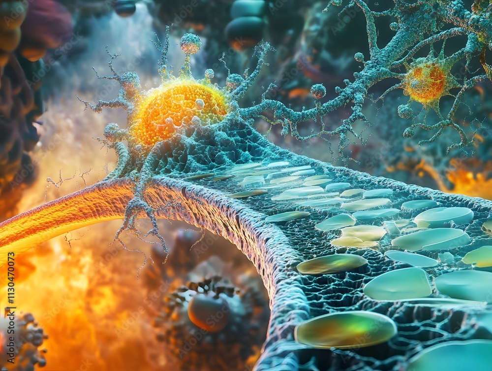 Poster a vibrant microscopic view of a neuron with intricate connections and glowing synapses, showcasing t