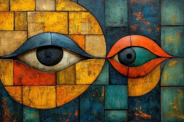 An intricate abstract mural featuring two stylized eyes in vibrant hues of blue, yellow, and orange, creating a captivating visual effect.