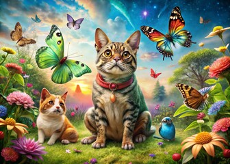 Fototapeta premium Whimsical Ink Art Illustrations of a Cat, Dog, Frog, and Butterfly in a Playful Nature Scene for Creative Conceptual Photography
