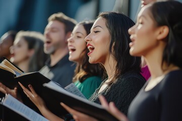A group of diverse singers performing, outdoor choir concert, expressive singing