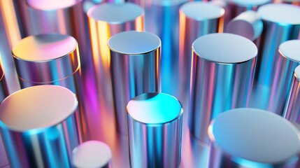 Shiny, metallic cylinders with a rainbow sheen.