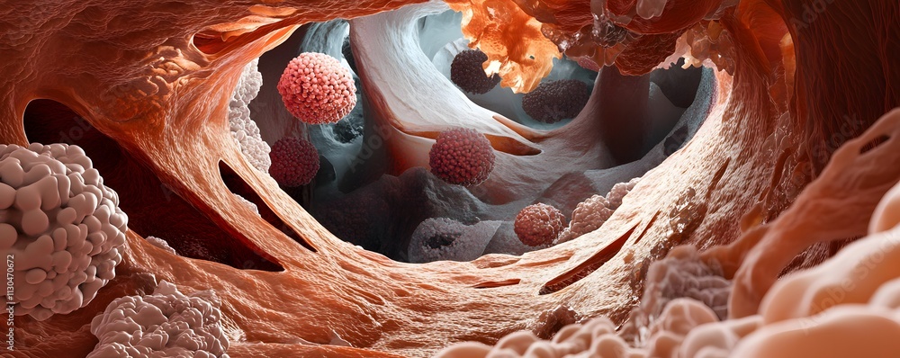 Poster an intricate representation of cellular structures inside a human body, showcasing various cells in 