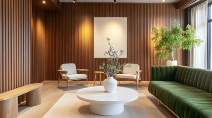Fototapeta premium Contemporary Elegance: A Minimalist Living Room with Wooden Accents and Green Sofa, Exuding Serenity