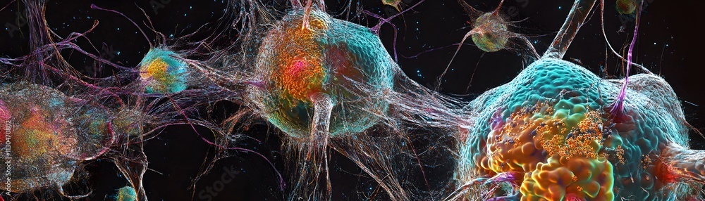 Poster microscopic view of cells displaying vibrant colors and intricate structures, representing the compl