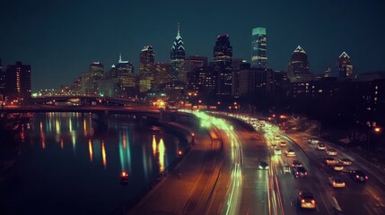 Fototapeta premium Nighttime Cityscape with Light Trails in Philadelphia Skyline