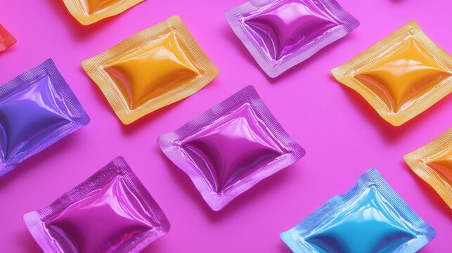 Colorful Laundry Pods: A vibrant, abstract pattern of colorful laundry pods on a pink background.  The close-up shot highlights the glossy texture and playful arrangement.