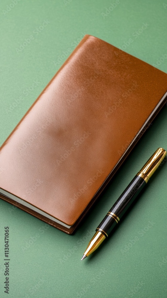 Poster mocha mousse toned leather-bound journal with a matching pen resting on a neutral gradient backgroun