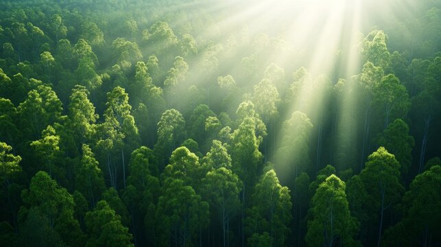 A lush green eucalyptus forest with mist rising in the early morning, sunlight streaming through the branches in a serene atmosphere - Powered by Adobe