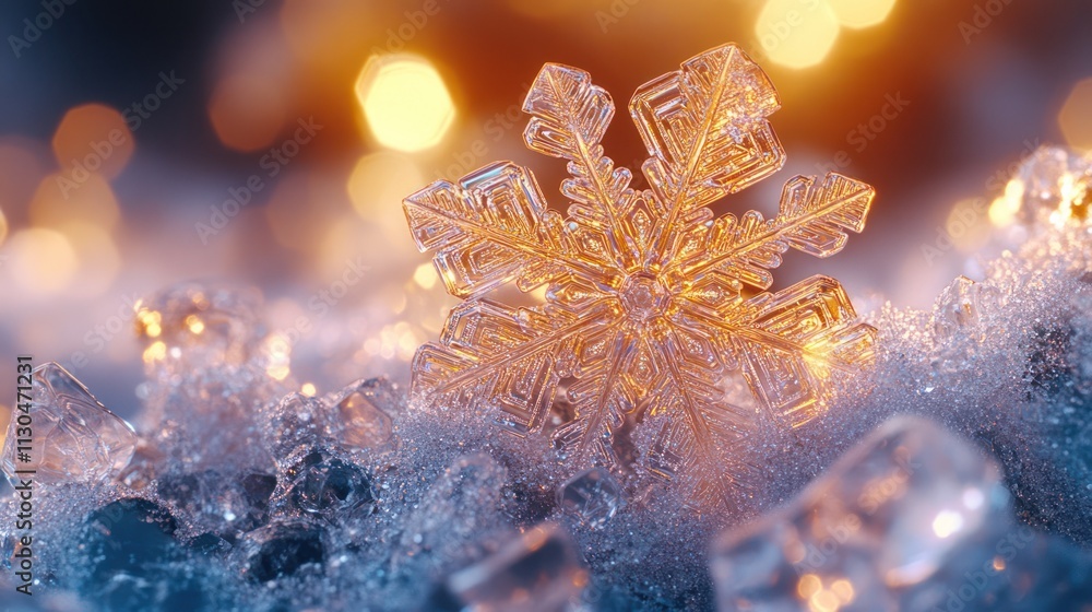 Poster sparkling crystal snowflake on ice with bokeh lights.