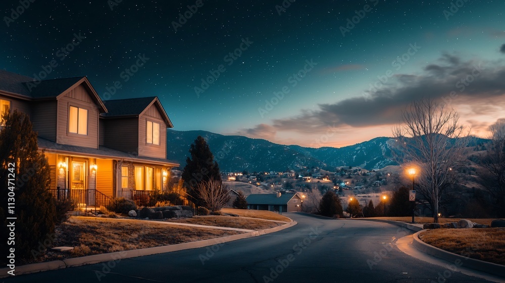 Poster peaceful mountain resort at night with warm glowing lights shining from the windows and a captivatin