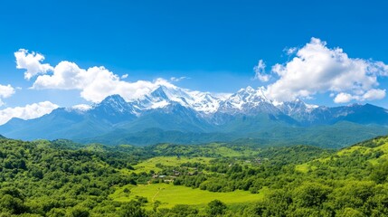 Obraz premium A breathtaking view of the Caucasus Mountains in Georgia, with snow-capped peaks, lush green valleys, and a small village nestled in the distance 