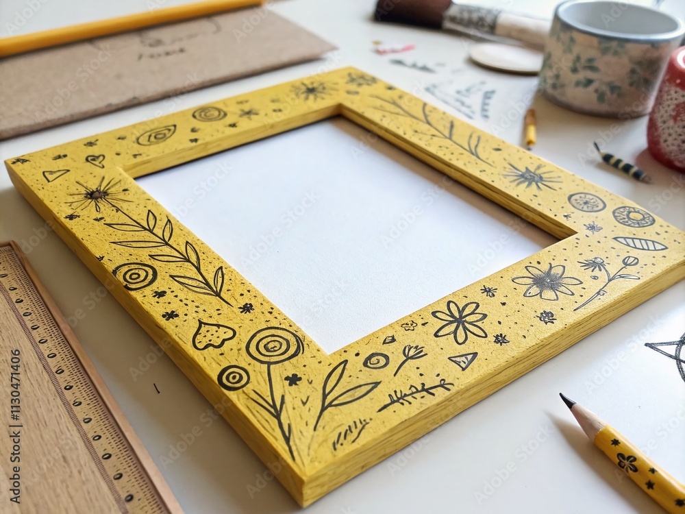 Poster yellow frame empty text box with doodle hand-drawn shapes for text isolated on white background, per