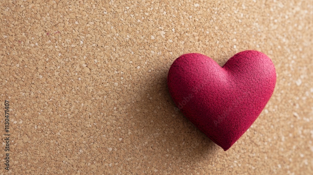 Poster isolated red paper hearts pinned on a corkboard in an office setting with soft natural sunlight and 