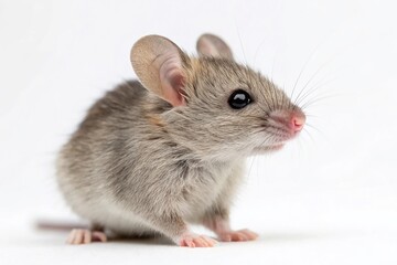 Young Mouse Sitting Calmly Against a Crisp White Background, Capturing the Innocence and Curiosity of Nature&rsquo;s Smallest Creatures in a Minimalist Setting for Stock Photography