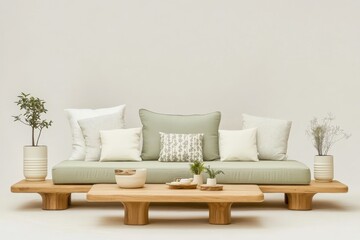 Fototapeta premium A minimalist and serene living room setup featuring a light green sofa with white and
