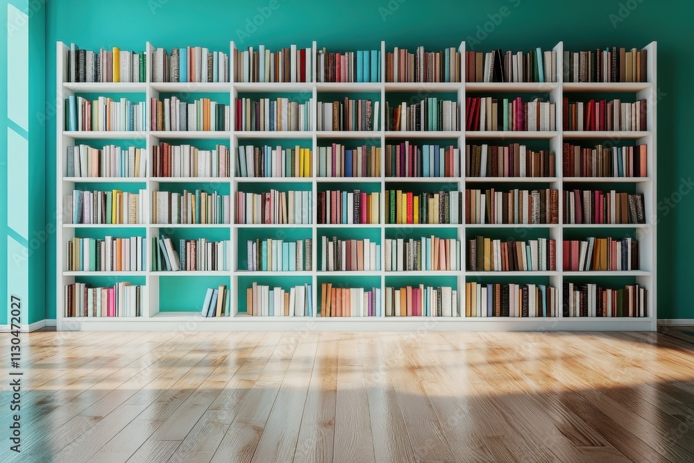 Poster a minimalist library setting with two large white bookcases filled with books of various sizes and c
