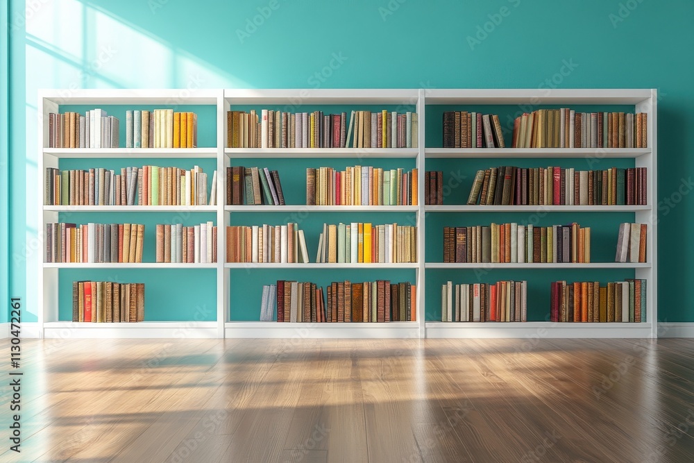 Poster a minimalist library setting with two large white bookcases filled with books of various sizes and c