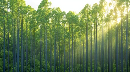 A lush green eucalyptus forest with mist rising in the early morning, sunlight streaming through the branches in a serene atmosphere