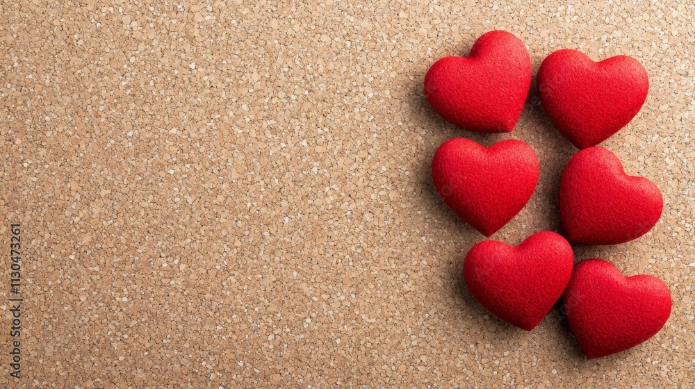 Aufkleber isolated red paper hearts pinned on a corkboard in an office setting with soft natural sunlight and 