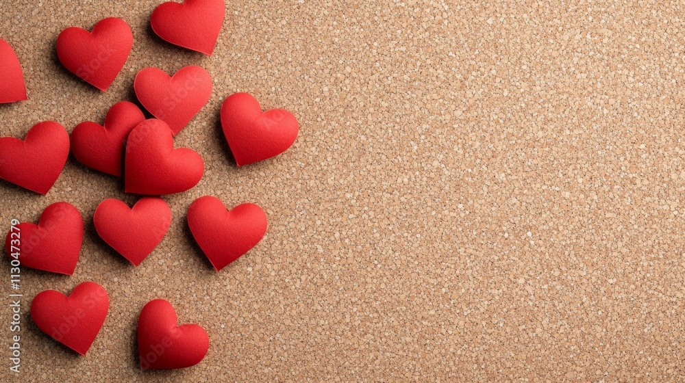 Aufkleber isolated red paper hearts pinned on a corkboard in an office setting with soft natural sunlight and 