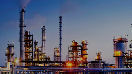 Obraz premium Industrial landscape featuring oil refineries with smoke stacks and illuminated structures.