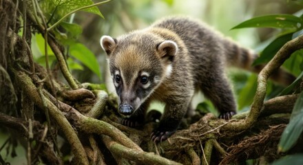 Fototapeta premium Curious coati exploring dense jungle canopy amidst thick vines and lush greenery
