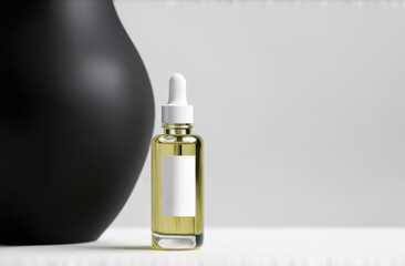 Fototapeta premium Serum glass bottle with pipette on the bright reflective background. Natural Organic Spa Cosmetic concept. Front view.
