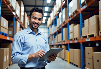 A businessman working in an office and a warehouse setting.