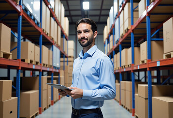 A businessman working in an office and a warehouse setting.