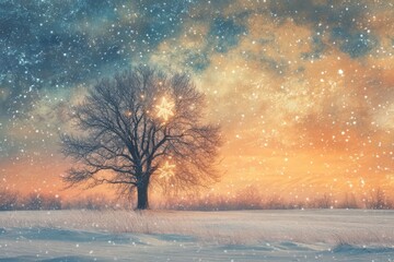 A serene winter landscape, Christmas tree with lights and star, snowy field, starry night sky