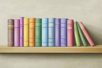 High-Detail Clipart of a Wooden Shelf Holding Vibrant Books in a Clean, Minimalistic Flat Design.
