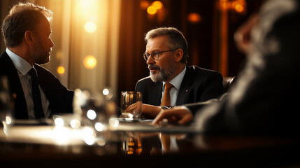 Group of Professionals Engaged in Serious Discussion During Evening Meeting