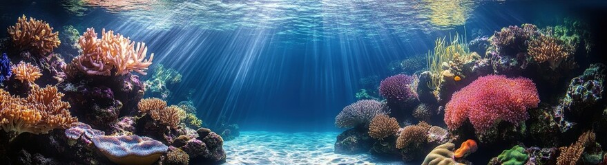 Fototapeta premium Vibrant Coral Reef Underwater Scene with Sunlight and Diverse Marine Life