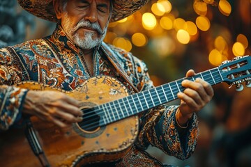 A close-up of a musician strumming a vihuela, showcasing intricate embroidery on their charro suit. Generative AI