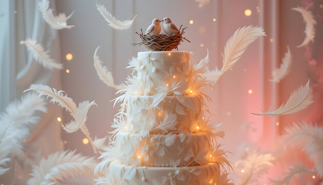 "A magical wedding cake with cascading edible feathers and a spun sugar bird's nest atop, cradling fondant birds. Soft pastel hues and warm lighting enhance its whimsical charm."