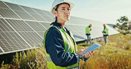 Solar panel, thinking and woman with tablet, engineering and online schedule with problem solving....